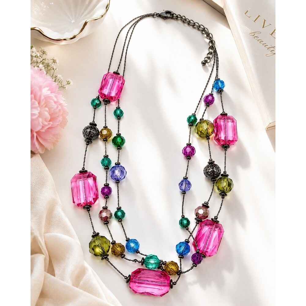 Vintage Colorful Layered Beaded Necklace Pink Acrylic Statement Gunmetal Y2K